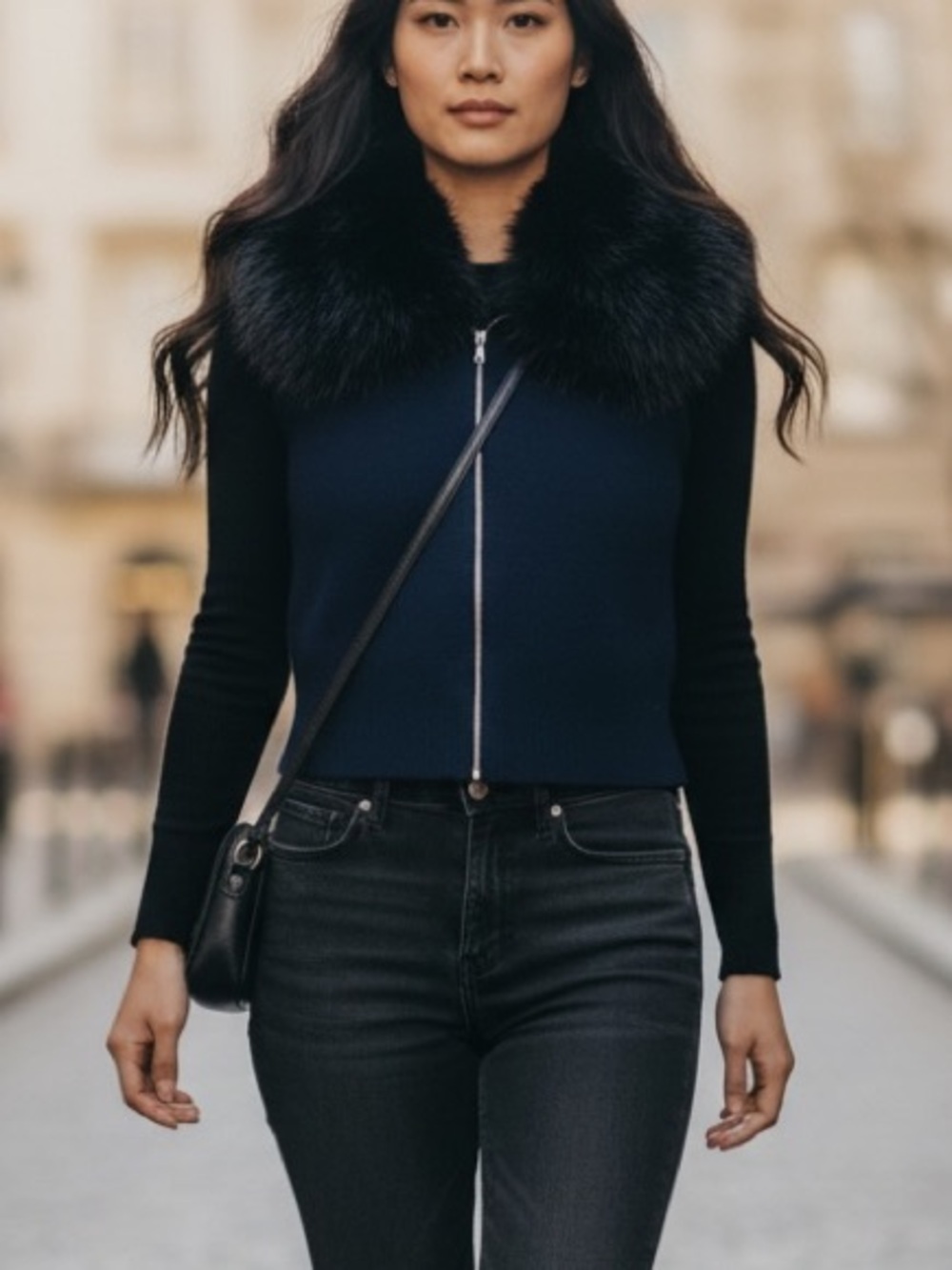 Camila Coelho Navy and Black Fur-Collar Zip Front Vest